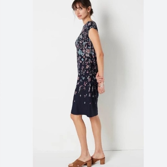 J.Jill Wearever Indigo Blue Cascade Floral Drapey Jersey Popover Dress Botanical - Picture 2 of 16
